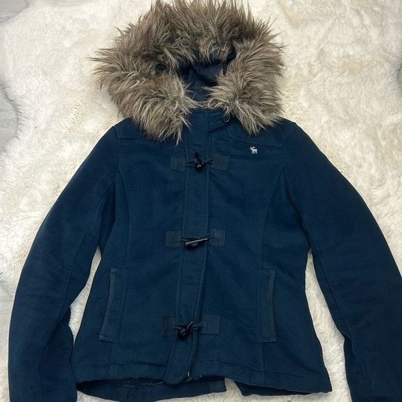 Abercrombie and Fitch Togo Blue Wool Faux Fur Hood Jacket Size L - Picture 1 of 15